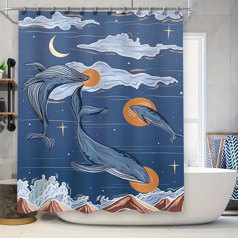 Blue Whale Moon Shower Curtain with Clouds and Mountains Decorative Bath Mat 90x180cm