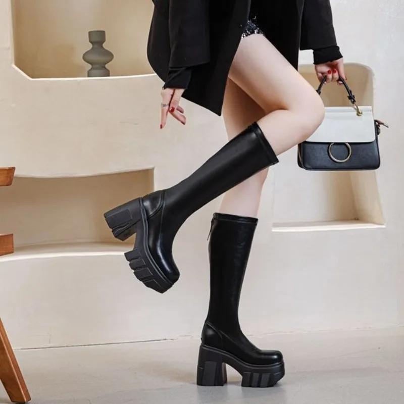 Mode 11CM Mikrofaser Römische Frühling Kniehohe Stiefel Damen High Top Herbst Winter Damen Synthetisches Leder Plateau Keilabsatz Damen Schuhe