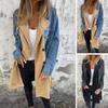 Women Spring Fall Coat Denim Jacket Overcoat Patchwork Double-breasted with Flap Pockets Colorblock Mid Length Lady Overcoat