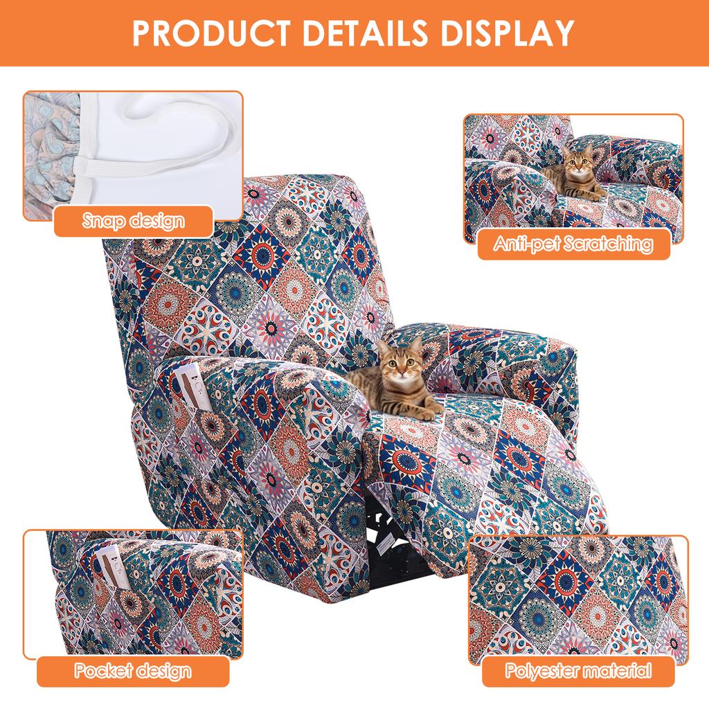 4Pcs/Set Recliner Sofa Cover Stretch Spandex Couch Slipcovers with Pocket Single Reclining Slipcover Non Slip Armchair Cover