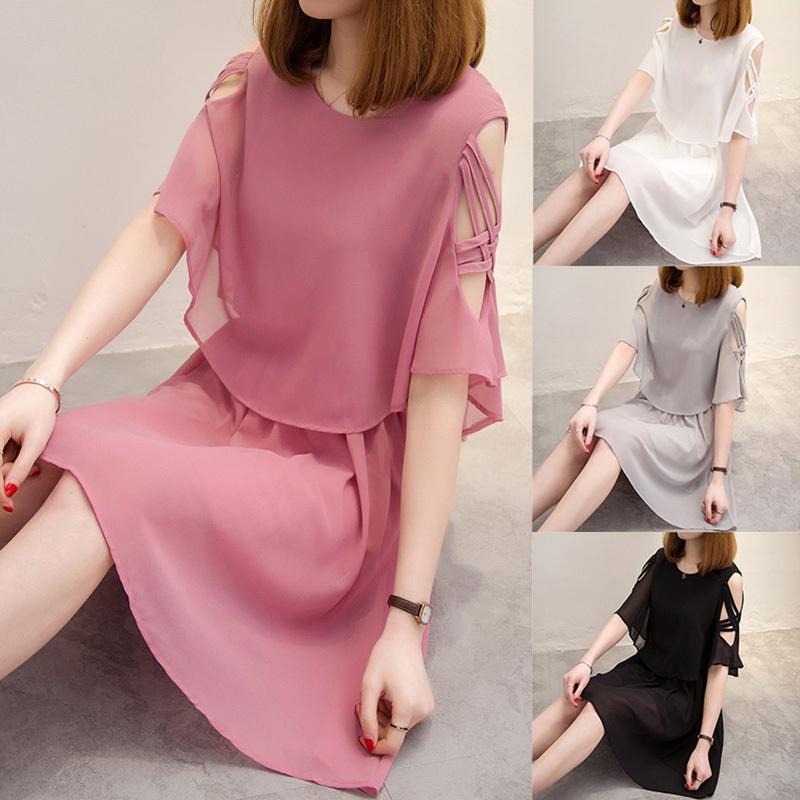 Frauen Frühling Sommer Kurzarm Hohe Taille A-linie Chiffon Kleid