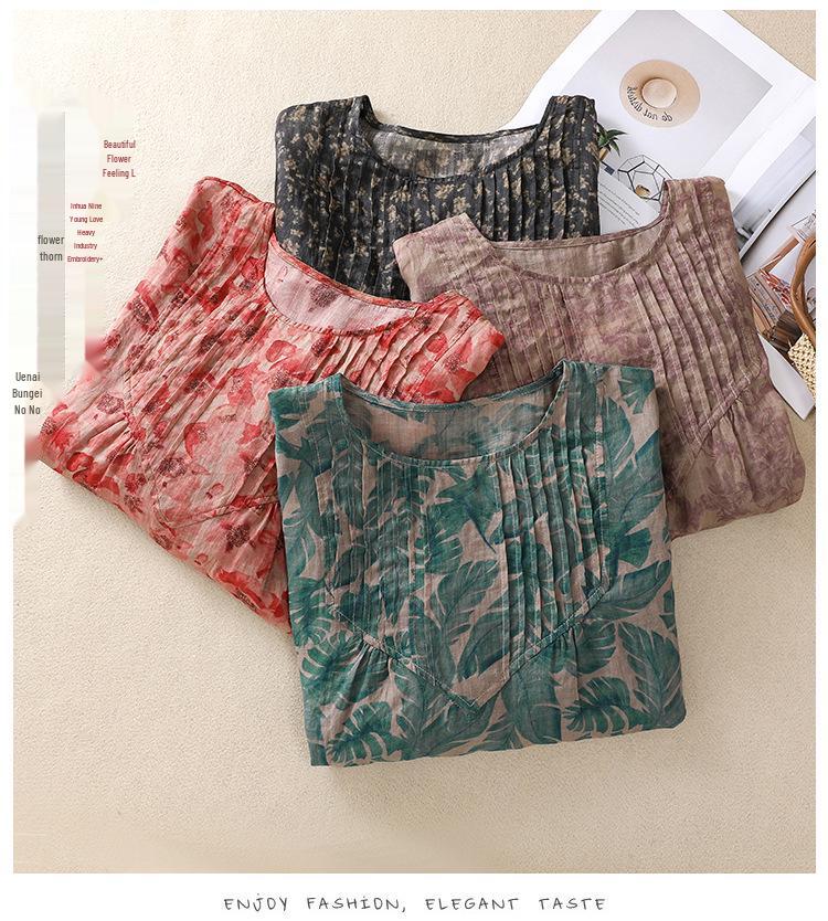 2025 Summer Floral Print Puff Sleeve Round Neck T-shirt