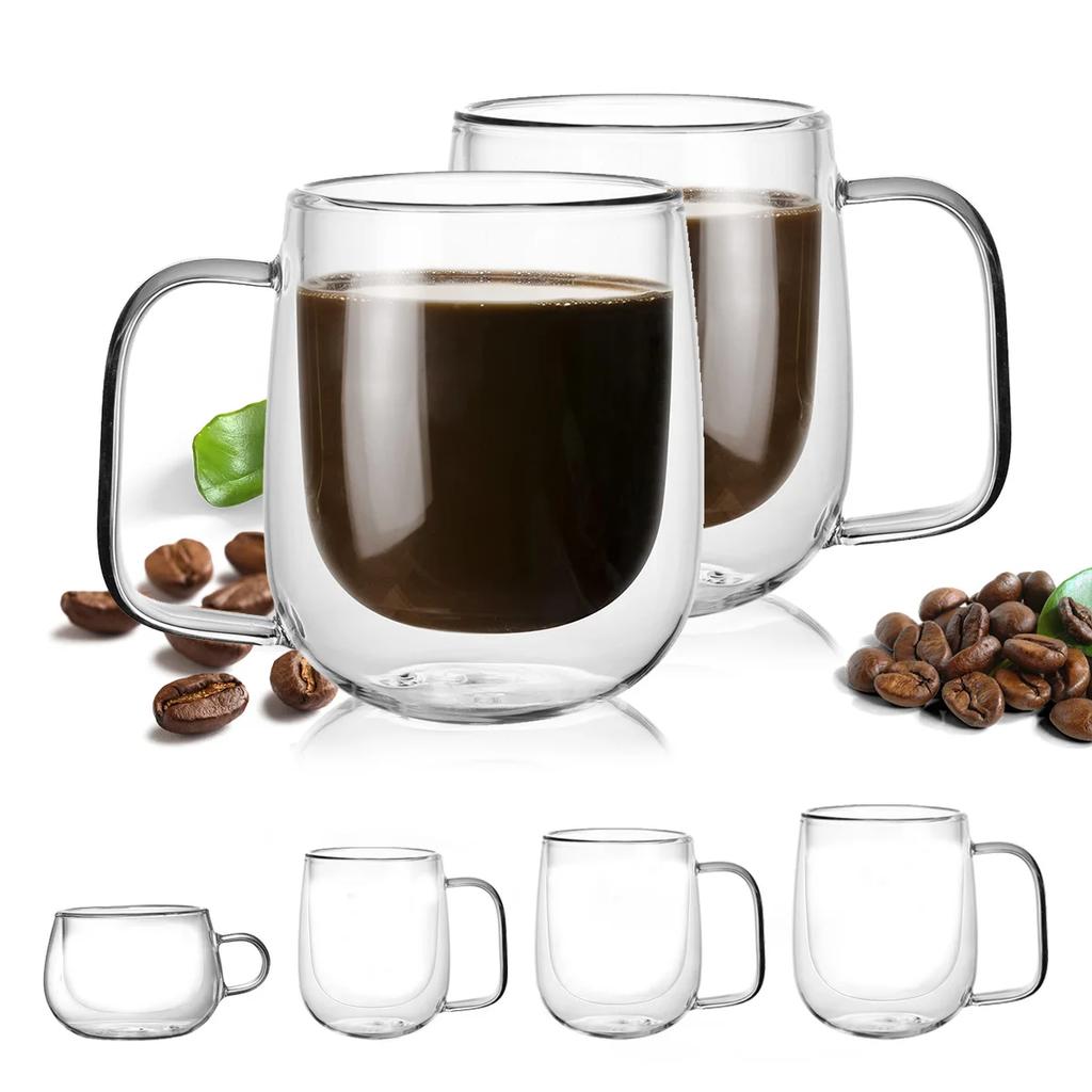 2 Pack Coffee Mugs,Clear Glass Double Wall Cup with handle for Coffee, Tea, Latte, Cappuccino Heating mug Dachsund Cafe Copper
