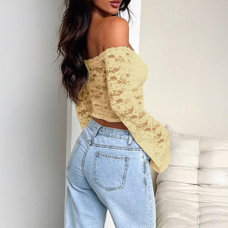 T-shirt Sexy a Manica Lunga Y2K Pizzo Donna Monospalla Svuotato Slim Top