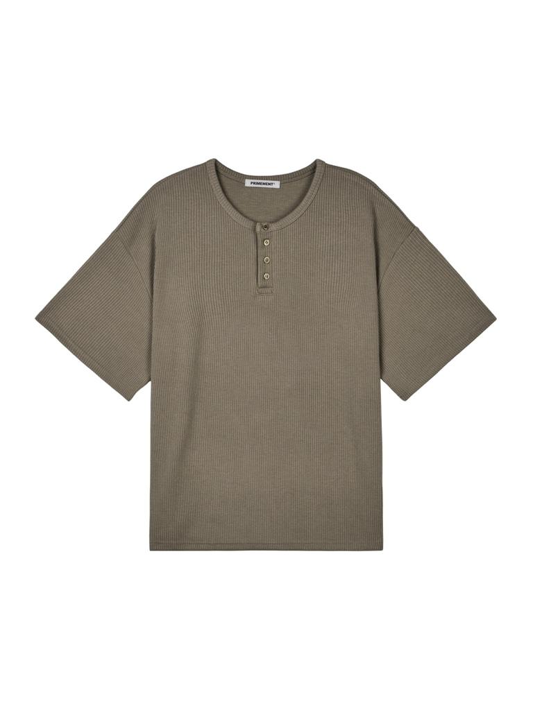 PRIMEMENT Henley Neck Button T-Shirt Brown