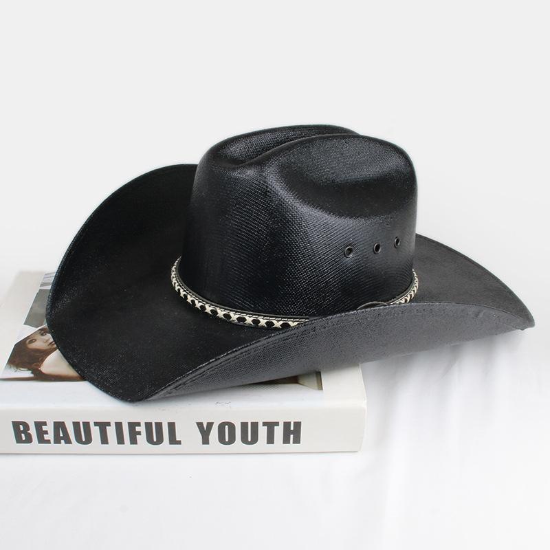 Vintage Striped Belt, European and American Style, Straw, Hard-shaped, Large Brim, Western Cowboy Hat, Waterproof, Sun-proof, Sunshade