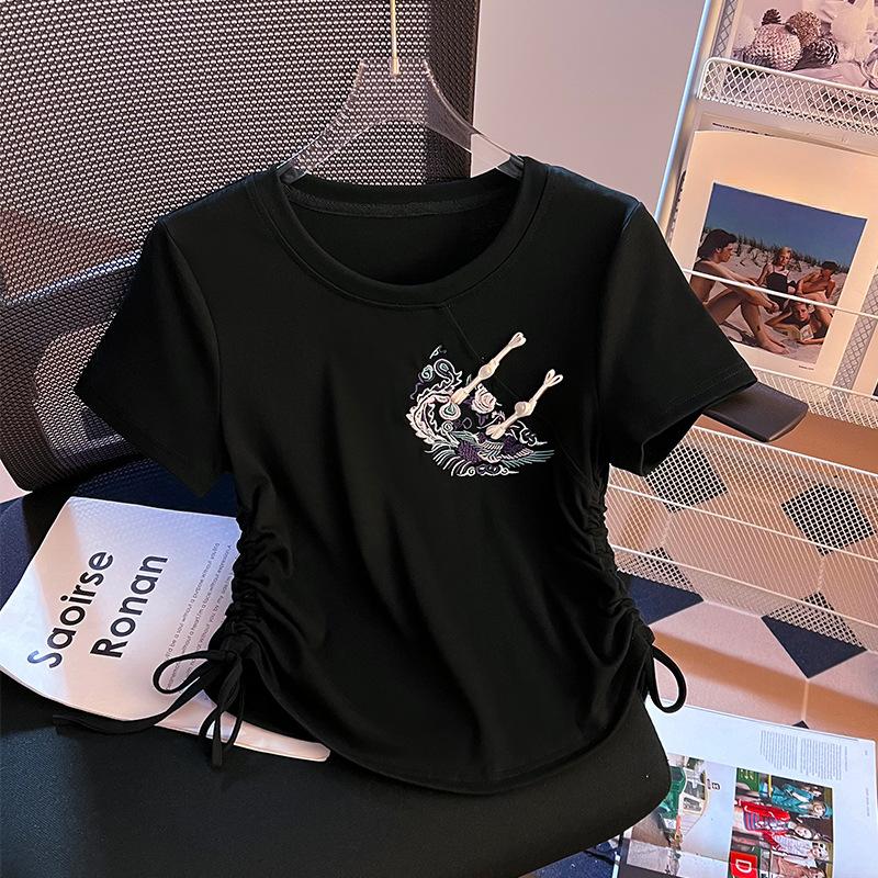 

Новая китайская футболка с короткими рукавами для женщин, новый дизайн Niche, завязывающийся на шнурок, легкий топ с вышитыми пуговицами в китайском стиле XL чёрный