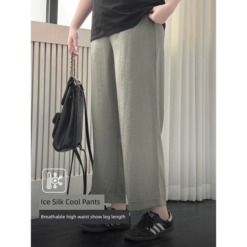 Plus size women clothing [Ice Silk Instant Cool Pants] Three Pants Length Texture Sense Summer High Waist Capri Wide Leg Cool Pants