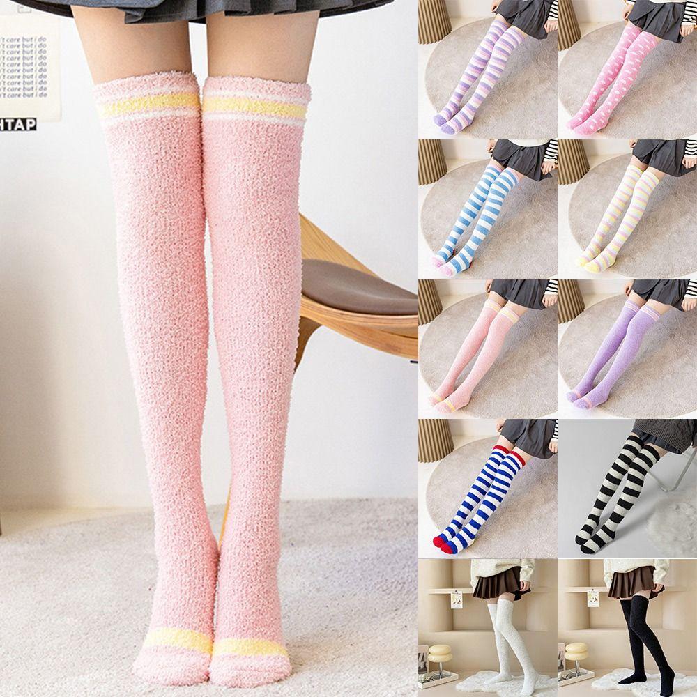 Soft Warm Striped Stockings Long Tube Coral Velvet Warm Leg Wear Comfortable Cozy Lined Terry Socks Winter