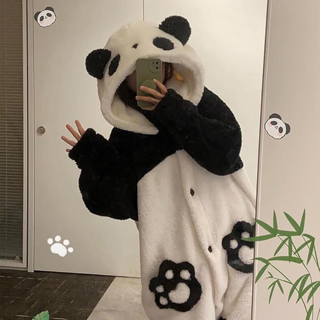 Kigurumi de Panda Esponjoso Lindo Ropa de Salón de Invierno Animal Cálido con Capucha Manga Larga y Forro Polar Grueso Abierto Regalo Divertido [MTKCNTL] Pijama de Mujer, Conjunto, Diseño,