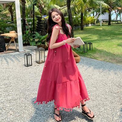 Rose Red Holiday Wind Fringe Splicing Suspender Dress Women's 2026 Summer New Loose and Thin Niche Long Dress