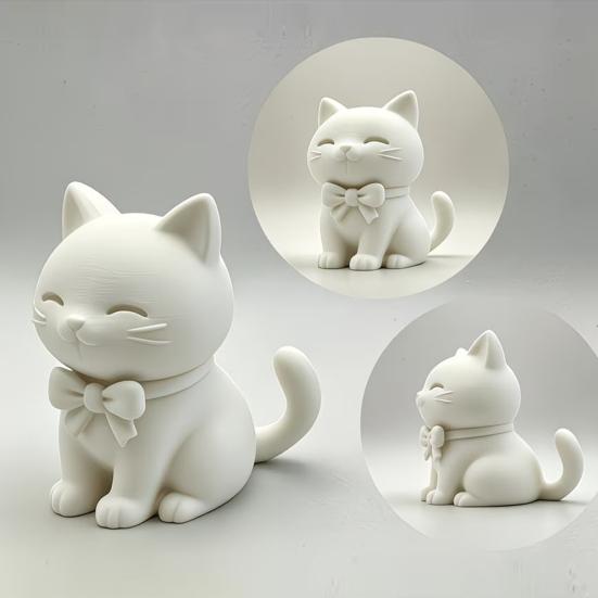3D Printed Cat Statue, Sitting Cat Figurine with Bow, Collectible Cute Kitten Sculpture, Tabletop Decoration Gift for Cat Lovers