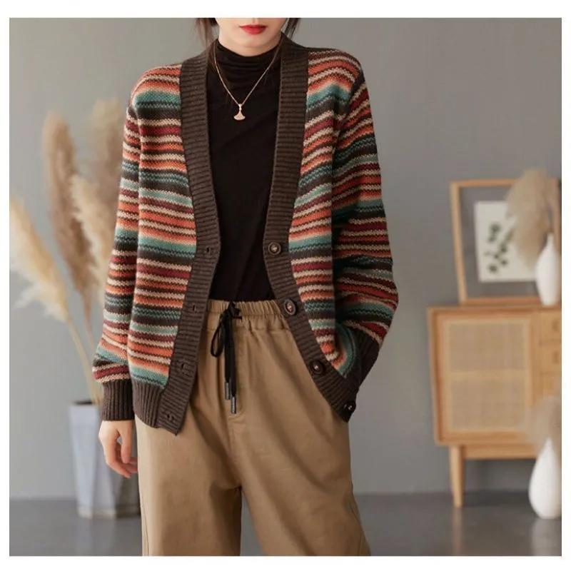 Women's Retro Striped Knit Cardigan for Fall/Winter: V-Neck, Button-Front, Casual, Loose-Fit Jacket
