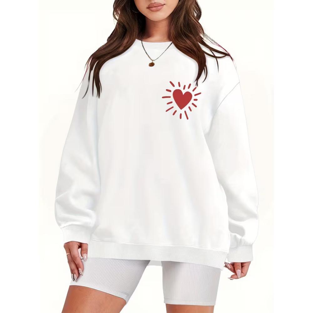 Heart Print Crew Neck Long Sleeve Ladies Casual Fleece Loose Pullovers Long Sleeves Women’s