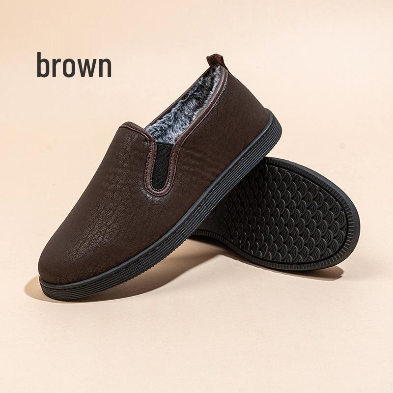 Old Beijing Men's Winter Fleece-Lined Slip-On Shoes - Thick, Soft Sole for Warmth and Comfort