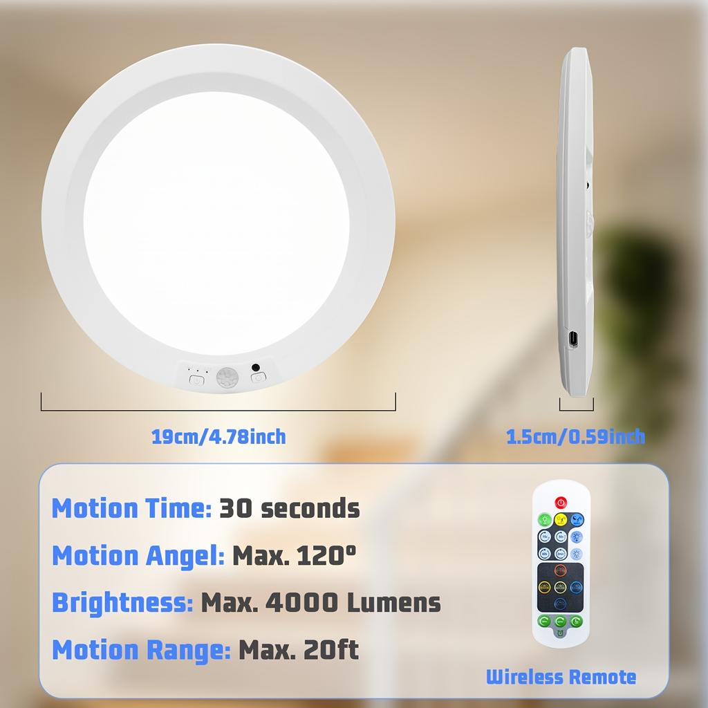 LED Motion Sensor Ceiling Light Rechargeable Smart Night Lamp Wireless Dimmable Round Flush Mount Fixture for Home