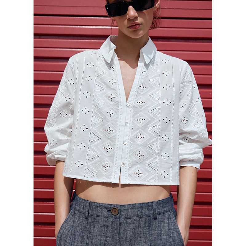 Spring and Summer New Women's Clothing Single-Breasted Cotton Cut Out Embroider Fashion Polo Collar Short Shirt Tops 4745022