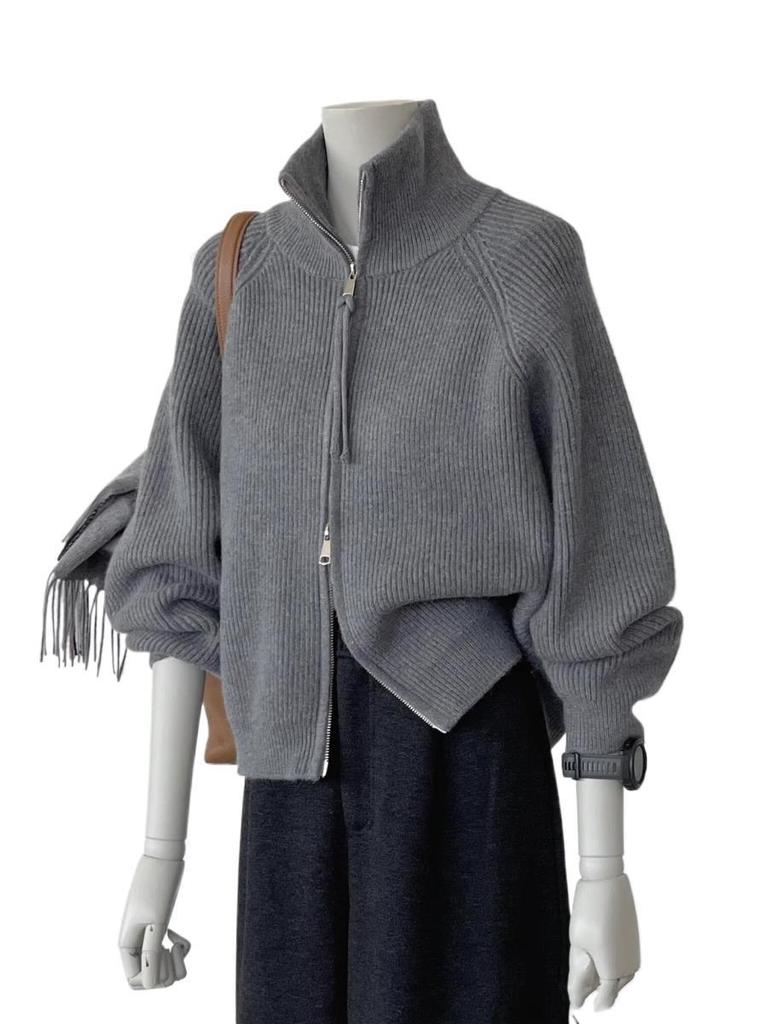 Cardigan tricotat gri cu gât înalt și fermoar dublu pentru femei - Larg, gros, stil de primăvară