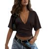 Women's Fashion Deep V Neck Short Sleeve Ruched Waist Casual Crop Top Loose Fit Tee Shirt for Everyday Wear