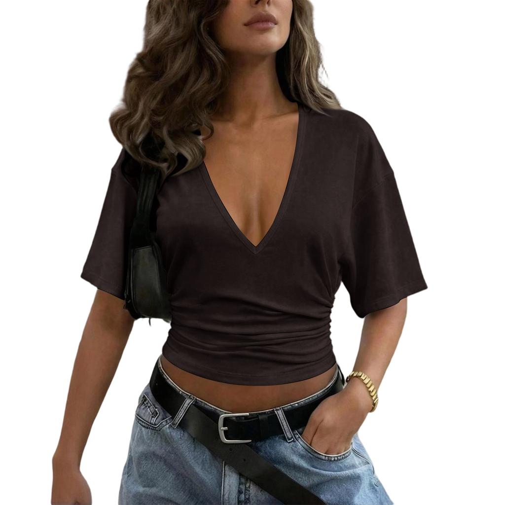 Women's Fashion Deep V Neck Short Sleeve Ruched Waist Casual Crop Top Loose Fit Tee Shirt for Everyday Wear