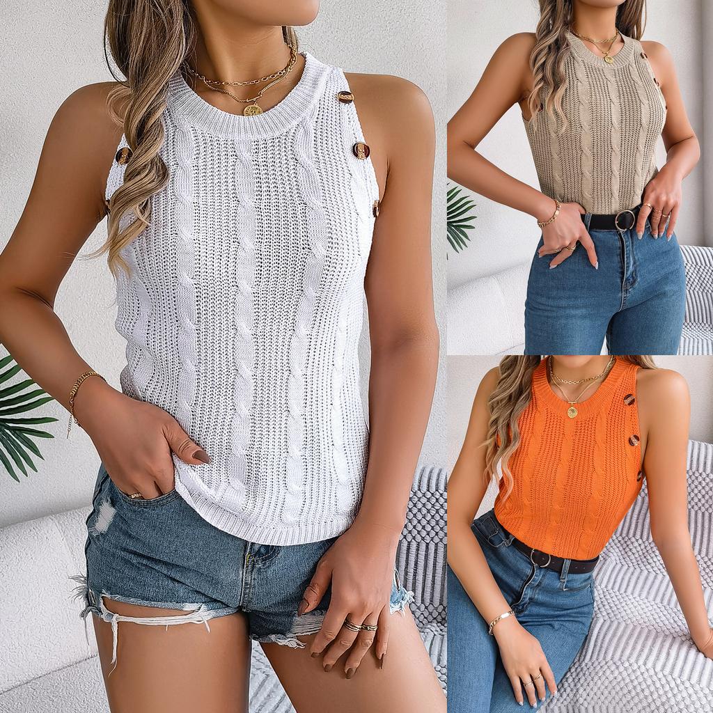 Women Cable Knit Button Detail Sleeveless Knit Top
