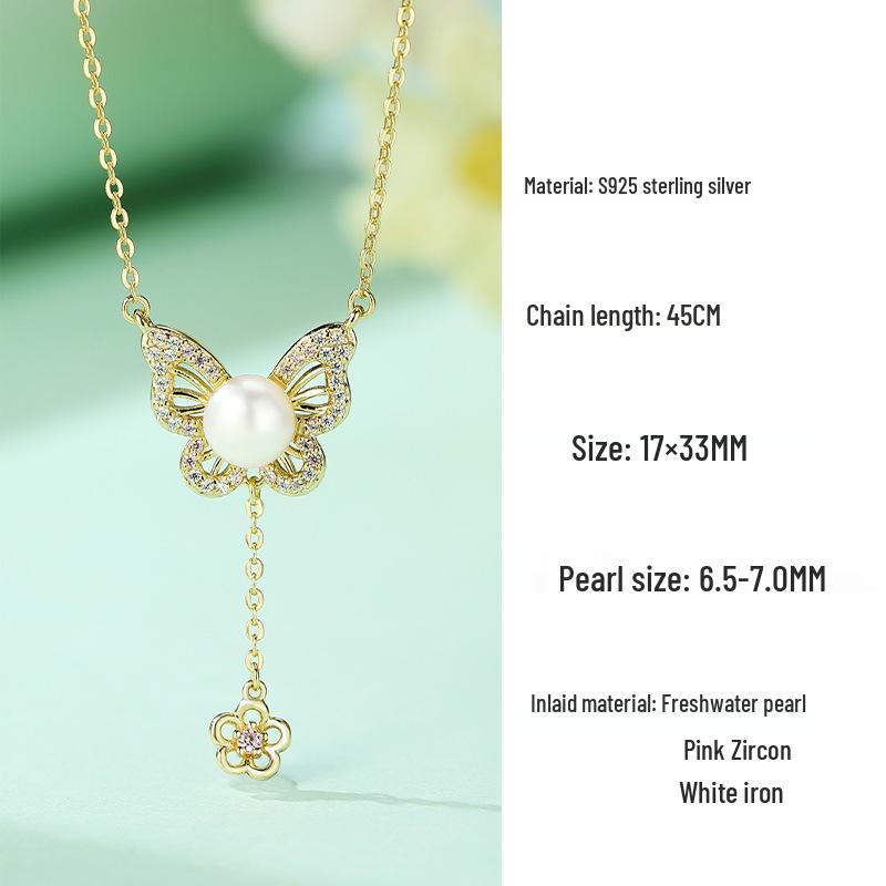 French Luxury Pearl Butterfly Tassel Clavicle Necklace - S925 Sterling Silver S925 Silver