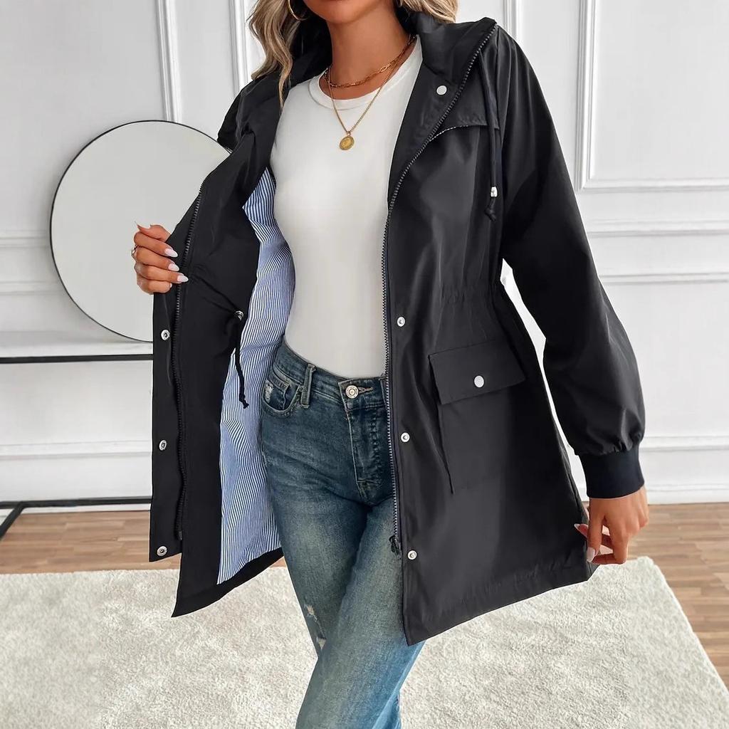 European and American Women's Clothing Elegant Casual Drawstring Waist Hooded Zipper Jacket Long Trench Coat