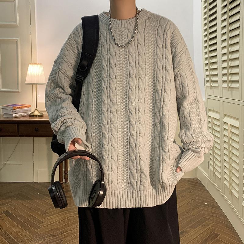 Men's Loose Fit Cable Knit Crew Neck Sweater - Retro Hong Kong Style Autumn/Winter Knitwear