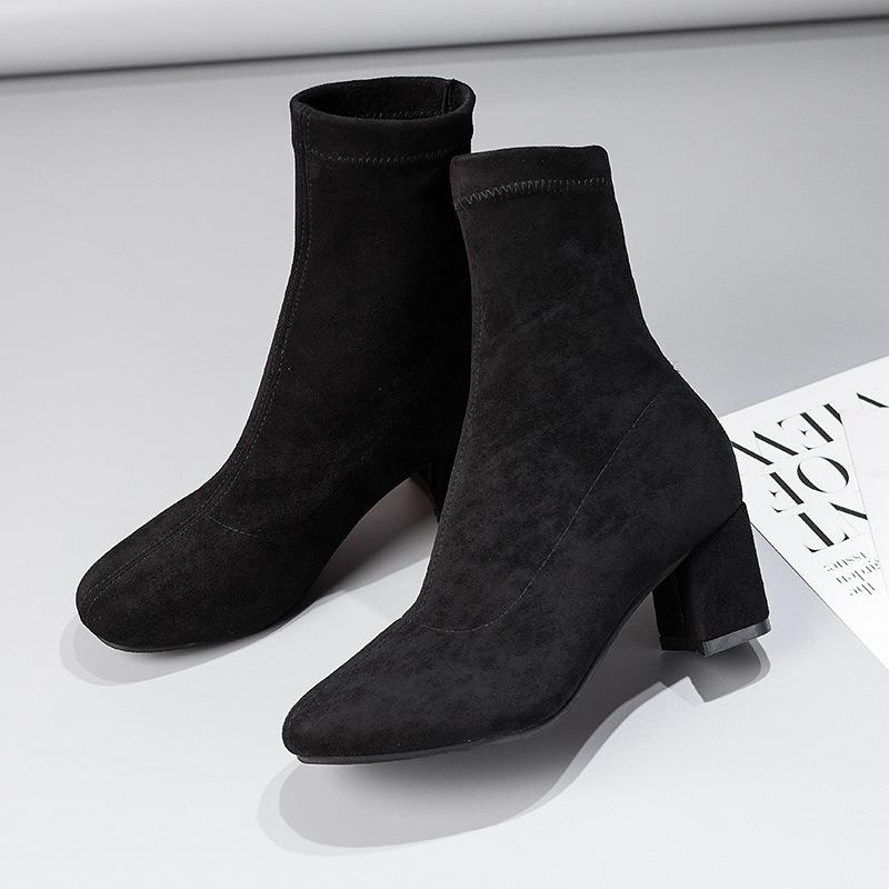 Autumn and winter new suede leather boots square head thick heel casual short boots thick heel medium heel elastic cloth boots