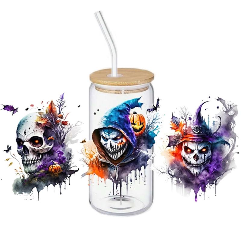 Halloween 16Oz Glass Cup Transfer Sticker Cartoon Girl Design Waterproof Decorative Adhesive Decal for Party Home Decors