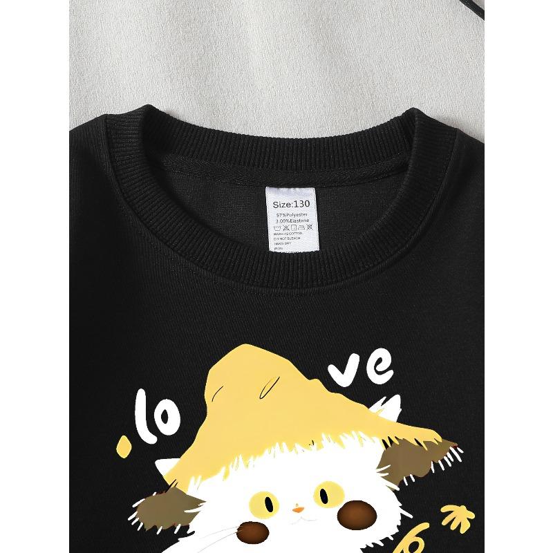 European sizes Girls' Soft Crewneck Sweatshirt, Cute Black Cat with Straw Hat Love Print, Casual All-Match, Ideal Holiday Present
