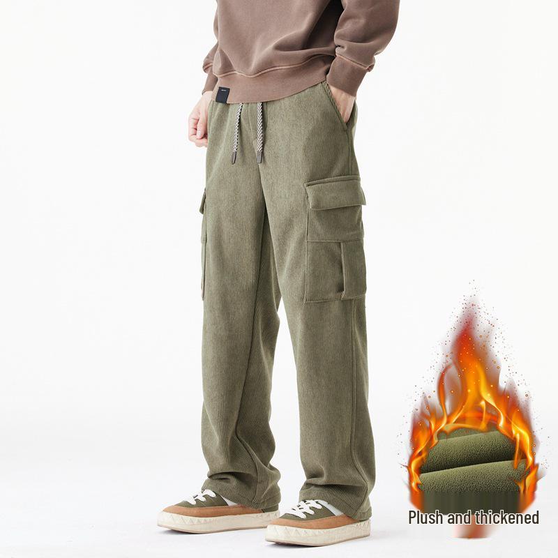 Men's Winter Corduroy Work Pants: Fleece-Lined, Thick, Loose, Wide-Leg, Straight Casual.