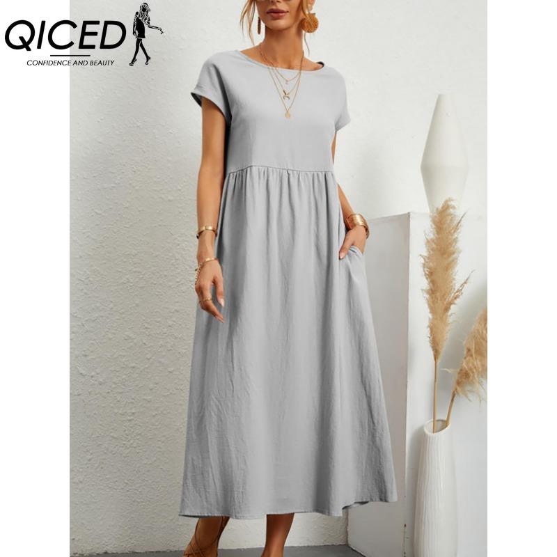 QICED Women's Fashion Summer Spring Solid Color Print Short Sleeve O-Neck Casual Dresses