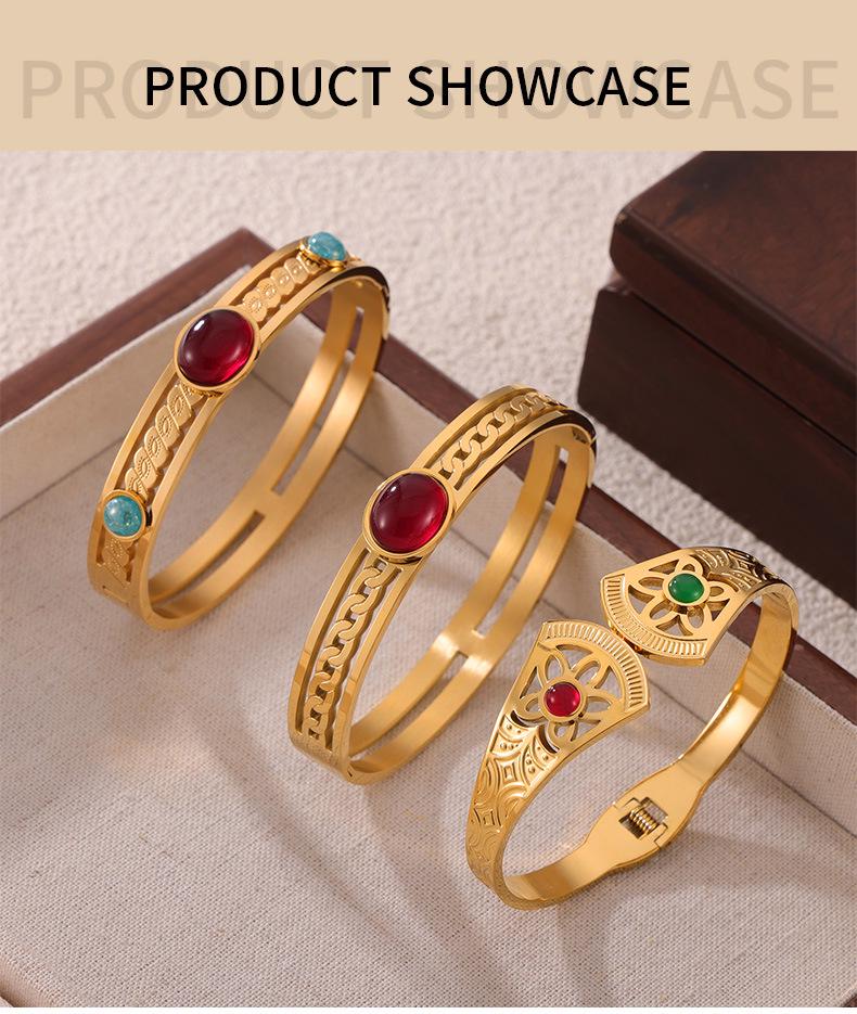Retro Gold-Plated Titanium Steel Bracelet with Inlaid Natural Stone and Hollow Design for Women