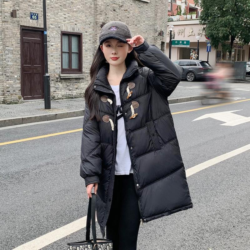 Horn button down cotton jacket mid-length cotton jacket women's winter 2025 new loose warm thickened padded jacket jacket