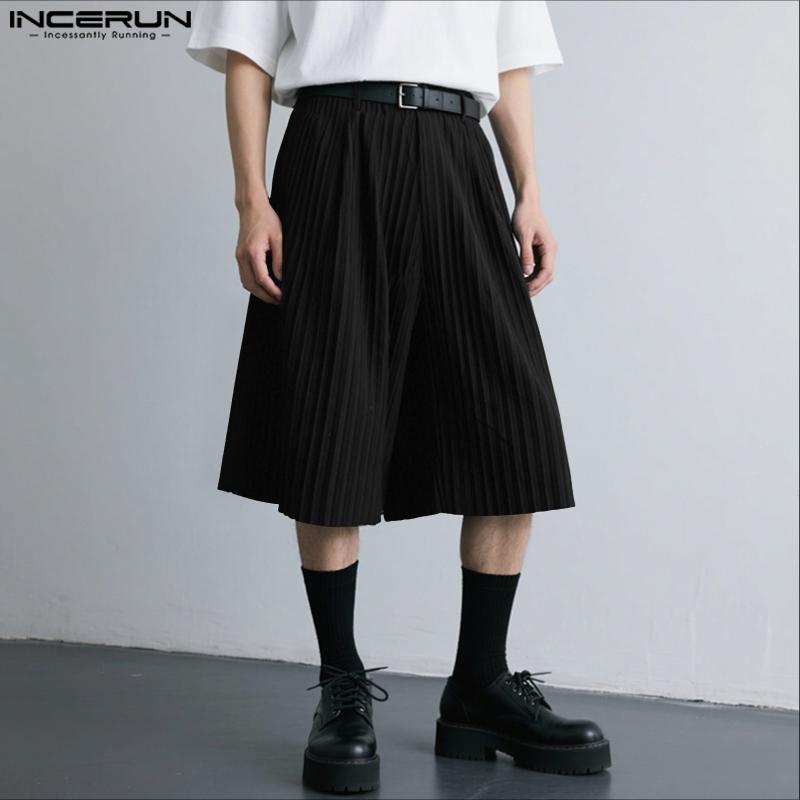 INCERUN Men Elastic Waist Pleated Casual Loose Half Pants Shorts