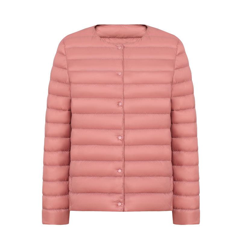 Women's Lightweight Pinghu White Duck Down Jacket, Collarless, Round Neck, Autumn/Winter Outerwear