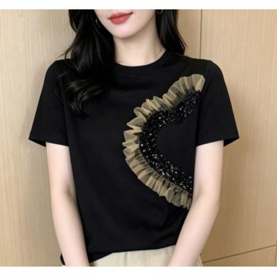 Women Summer Patchwork Sequined Gauze T Shirts Ladies Short Sleeve O-neck Tops