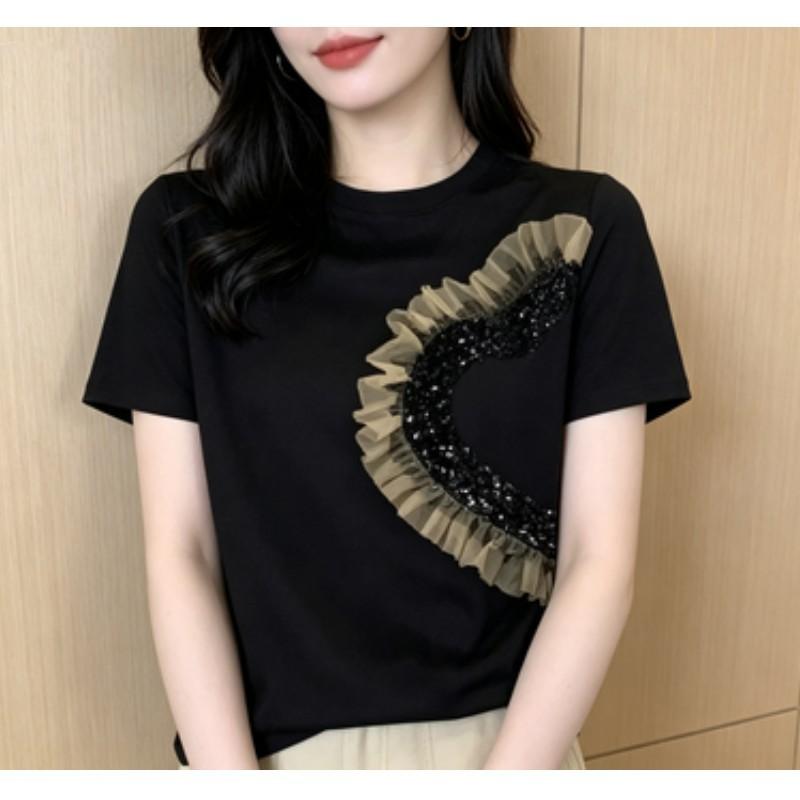 Women Summer Patchwork Sequined Gauze T Shirts ladies Short Sleeve O-neck Tops