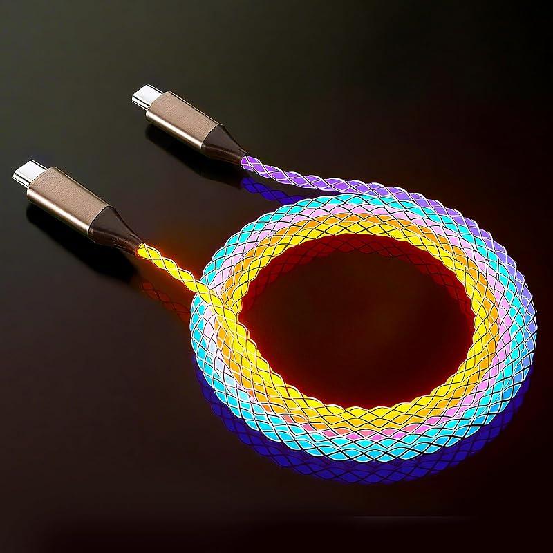 USB to USB C Cable, LED Light Up for Camping,100W Fast Charging, RGB Breathing Charger Cord for iPhone 16 15 Galaxy S10 S10+, LG V30, and More
