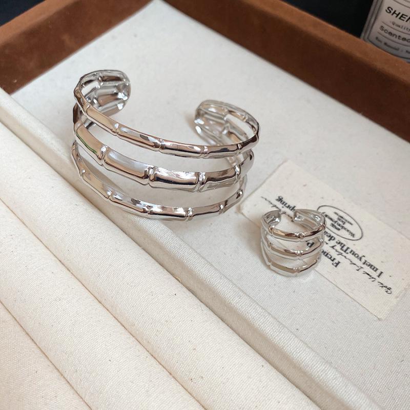 European & American Geometric Double-Layer Metal Bangle Bracelet: Exaggerated Design with Hollowed-Out Details