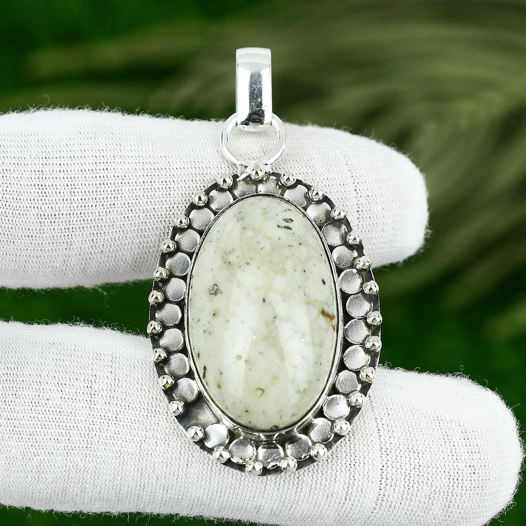 Natural Ocean Jasper Gemstone Pendant Gray 925 Sterling Silver Indian Jewelry