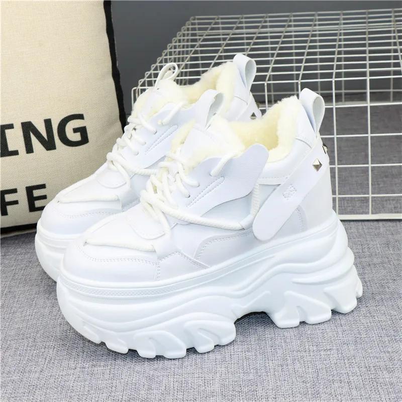 Fashion Winter High Top Leather Women Boots Platform Wedge Sneakers Chunky Shoes Hidden Heel 12CM White Black Women Casual Shoes