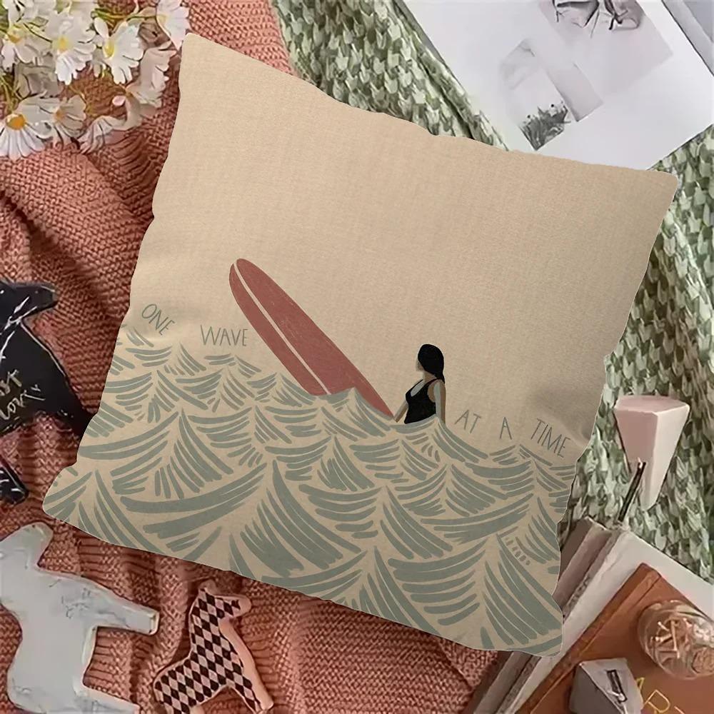 Home Decor Surfing Girl Motifs: Waves & Positive Sayings Pattern Cushion Cover Suitable for Sofa Bedroom Car Pillow Cover