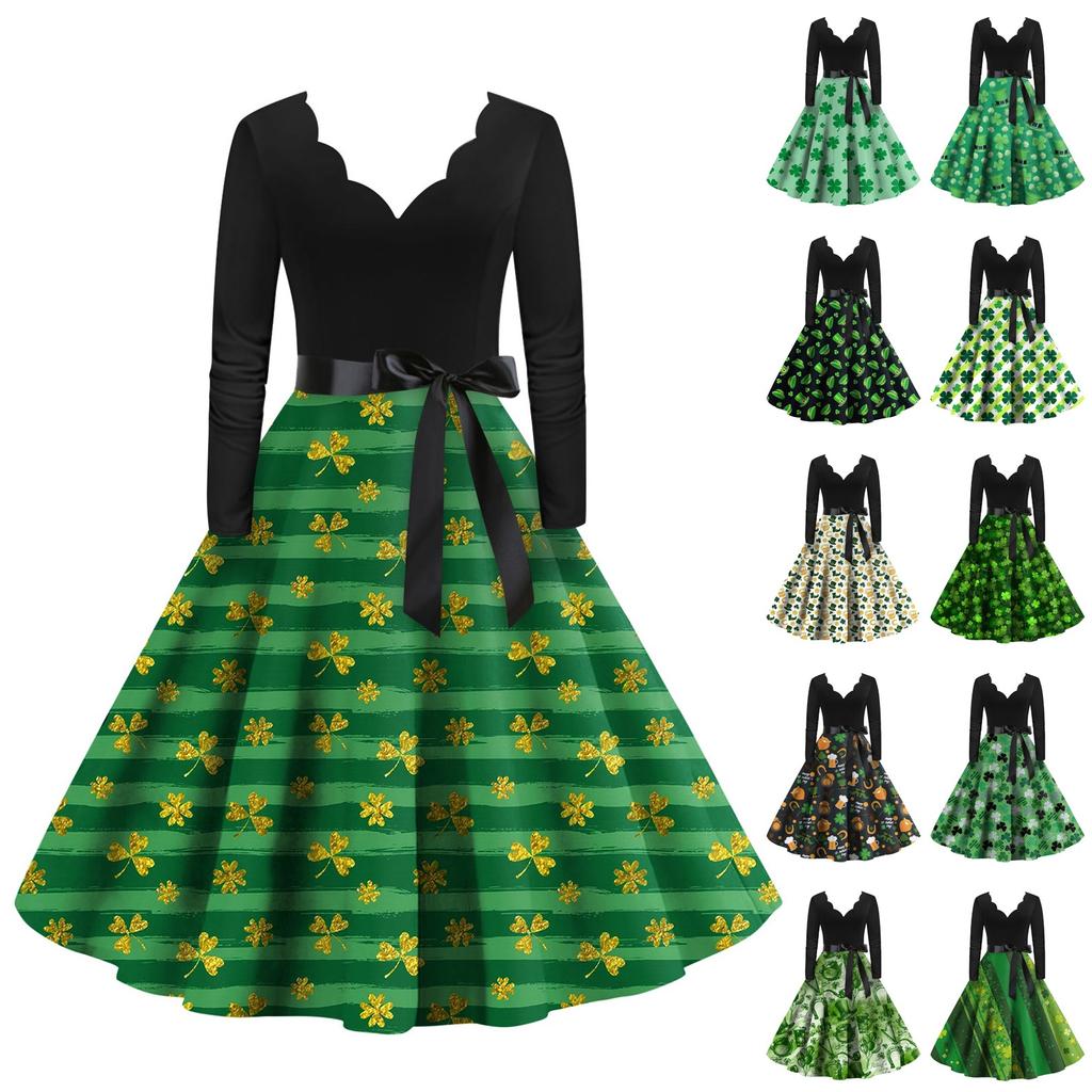 Dámské klasické klasické šaty s dlouhým rukávem sv. Patrick's Day Print Swing Dress s výstřihem do V