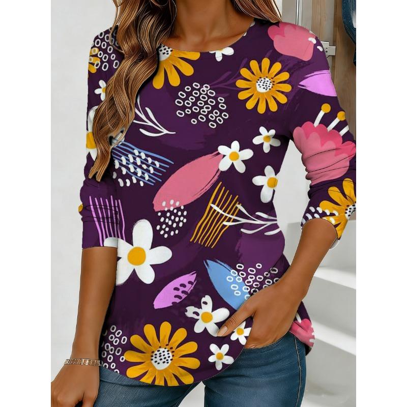 Women's purple floral print long-sleeved loose-fitting round neck top, casual everyday style with an elegant design.