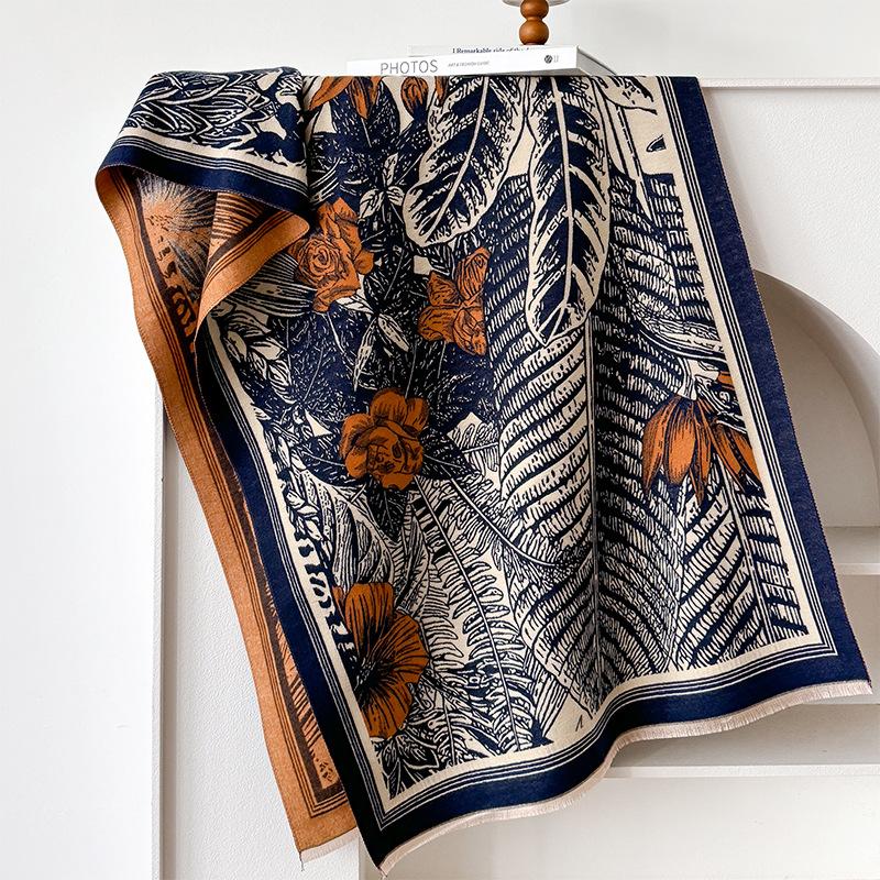 Style Floral Lines Texture Fashion Printing Double-Sided Imitation Cashmere Warm Scarf Women'S Outer Shawl