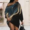 Women Plus Size One Shoulder Long Sleeve Abstract Gradient Print Black Pink Dress