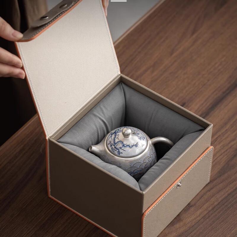 Silver Plated Blue & White Dragon Tea Set - Dan-Shaped Pot