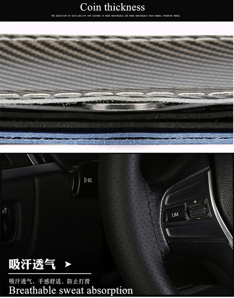 38cm PU Leather DIY Black Carbon Fiber Deluxe Car Steering Wheel Cover Trim 1Pcs